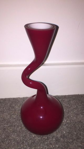 Ch1 Normann,  Copenhagen Red Cased Art Glass Swing Twisted Vase 8.  5”