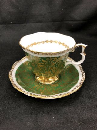 Royal Albert Tea Cup & Saucer Buckingham Series Dark Green Gold Flowers Scrolls