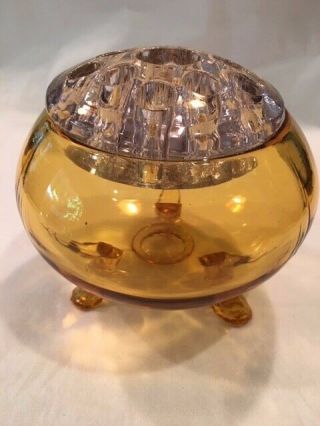 Vintage Viking Glass Amber Vase With Flowerlite Frog And Candleholder Lid