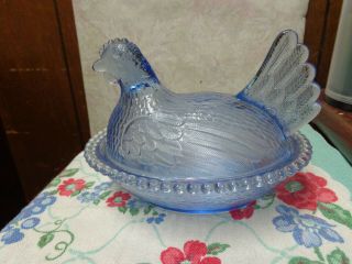 Vintage Indiana Glass 7 " Hen On Nest Covered Trinket Candy Dish Clear Blue