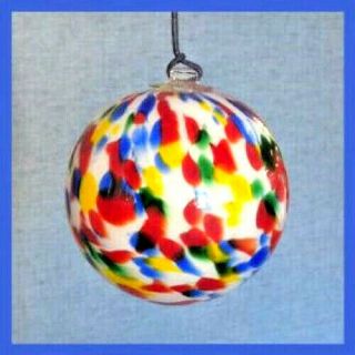 Hanging Glass Ball 4 " Diameter White W/ Red,  Yellow,  Green & Blue Specks Hb25 - 1