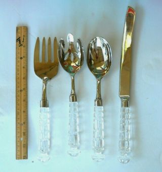 Silver Plate & Clear Cut Glass 4 Serving Utensils Fork Knife Spoon Slotted Spoon