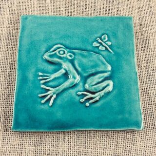 Frog Relief Art Tile Handmade Pottery Signed Gauthier Teal Dragonfly Pond 3d