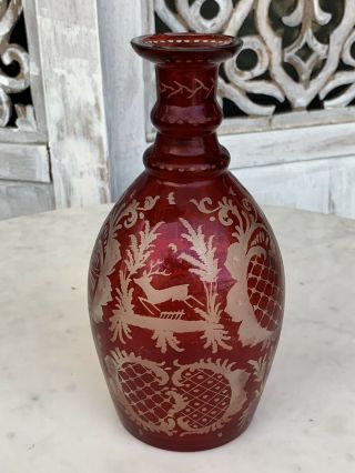 Antique Egermann Bohemian Ruby Red Glass Vase,  Etched Cranberry Glass Vase