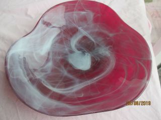 Large Cranberry & Smoke Art Glass Fruit Bowl