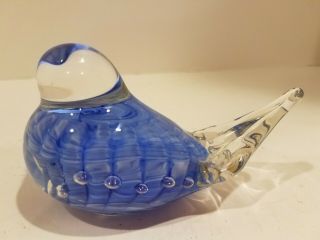 Vintage JOE ST.  CLAIR Blue/Clear Swirled Art Glass Bird Figurine Paperweight 2