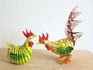 Lenox Art Glass Roosters Chickens Miniature Hand Blown Multi Color 2 Figurines