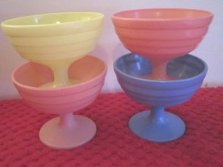 4 Hazel Atlas Glass Moderntone Platonite Pastel Sherbet Cups Pink,  Yellow,  Blue