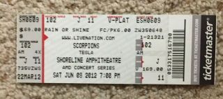 Scorpions / Tesla 6/9/2012 Full Concert Ticket Stub Shoreline Amphitheatre Sf Ca