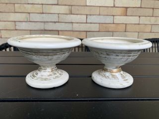Vintage Pair (2) Mccoy Pottery Ceramic White Gold Ribbed Pedestal Footed Planter
