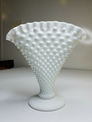 Westmoreland Milk Glass English Hobnail Fan Shaped Vase Scalloped 8 Inches Tall