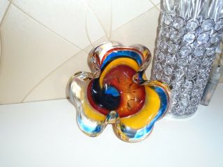 Kamei Japanese " Best Art Glass " Yellow,  Blue & Red Bowl