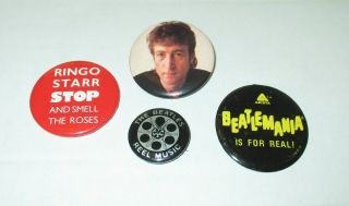 Four Beatles Related Vintage Buttons : Pins John Lennon - Ringo Starr