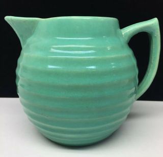 Vintage Bauer Pottery Ring Ware Jade Green 5.  5” Tall Pitcher 1930’s Wide Mouth