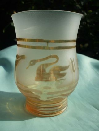 Indian Carnival Glass.  Jain ? Golden Swan Frosted Glass Tumbler.  Very Good Cond.