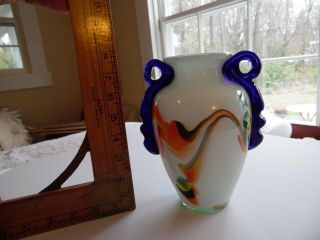 Vivid Blue,  White,  Orange,  Green Murano Vase With Applied Handles