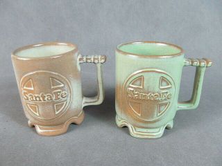 2 Vintage Frankoma Pottery Santa Fe Railroad Coffee Mugs Prairie Green/gold