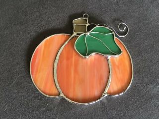 Stained Glass Orange Pumpkin Window Sun Catcher 4.  5” X 4” Green Leaf Silver