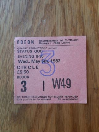 Status Quo Concert Ticket May 5th 1982 Hammersmith Odeon London
