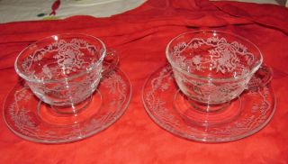 Set Of 2 Fostoria Romance Tea Cup & Saucers Etched Glass Ribbon Floral