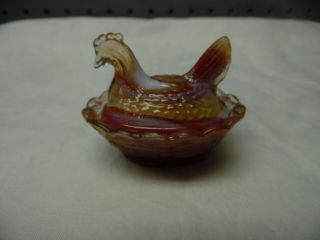 Vintage Boyd Glass Miniature Hen On Nest Salt Dip / Orange Red Slag Glass