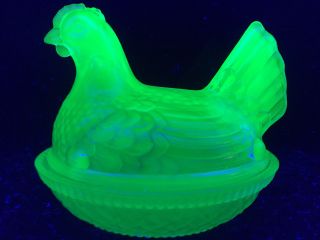 Blue Vaseline Glass Hen Chicken On Nest Basket Dish Uranium Cobalt Butter Chick