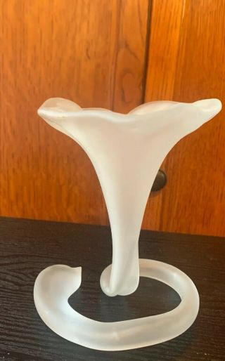 Vintage Frosted Glass Trumpet Flower Vase Art Nouveau Spiral Base Hand Blown