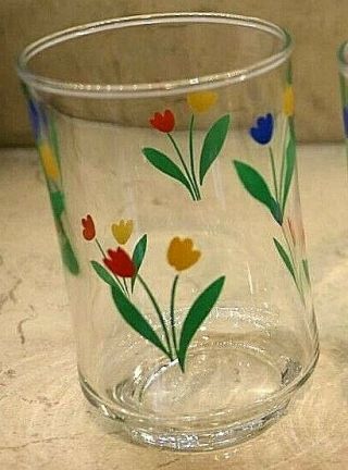 3 Libbey Vtg Juice Glasses Tiny Tulips Yellow Red Blue With Green Leaves