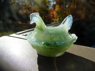 Vintage Boyd Glass Miniature Hen On Nest Salt Dip / 4th Gen / Green Opalescent
