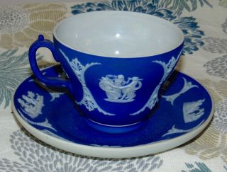 Antique Wedgwood Dark Blue Teacup & Saucer Jasperware 2