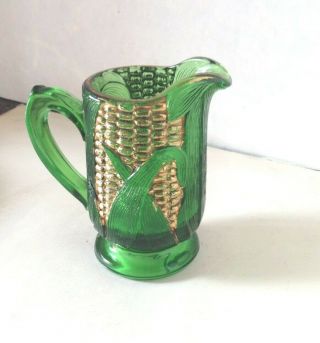 Antique Eapg Novelty Green Glass Corn Pitcher W/ Gold Kernels Late Victorian