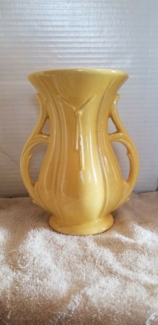 Antique Vintage Mccoy Usa Yellow Art Pottery Double Handle Vase Embossed Tassel