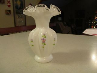 Fenton Hand Painted Violets In The Snow Vase,  Fenton Artist Signed,