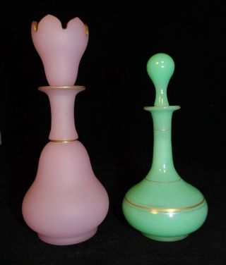 2 Antique French White Opaline Art Glass Perfume Scent Cologne Bottle Pink Green