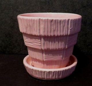 Vintage Mccoy Basketweave Flowerpot With Attached Saucer 3 " Pink Usa Pottery