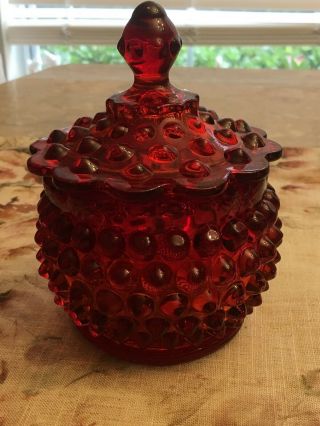 Vintage Fenton Ruby Red Large Hobnail Covered Candy Dish