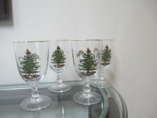 4 Spode Christmas Tree Water / Wine Glasses Goblets 7 "