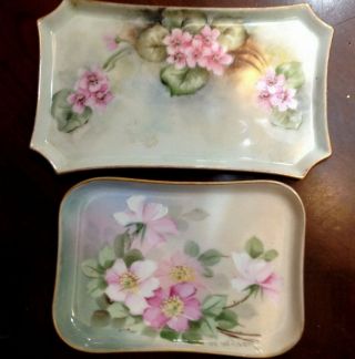 Set Of 2 Antique Limoges Hand Painted Signed Floral Vanity Dresser Trays,  France