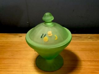 Vintage Depression Glass Green Satin Small Covered Candy Dish / Vanity