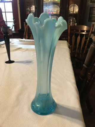 Vintage Fenton Blue Opalescent Swung Stretch Ribbed Long Stem 12 1/8 " Tall Vase