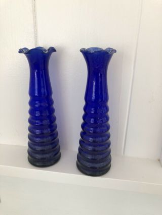 Pair Cobalt Blue Vintage Glass Bud Vases,  Ribbed Ruffle Tops
