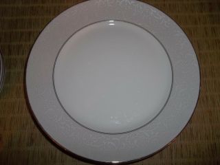 4 Mikasa Parchment L3438 Dinner Plates 10 3/4 " White Scrolls Silver Trim