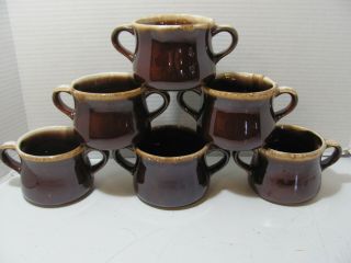 Mccoy Pottery Set Of 6 Brown Drip Glaze 2 - Handled Soup Mugs