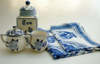 Vintage Porcelain Delft Tea Canister - Sugar - Creamer - 2 Linens W/delft Pattern