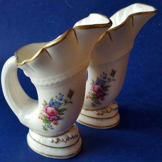 Set Of 2 Vintage ‘lenox Rose’ 70/mr50 Horn Of Plenty Porcelain Vases.  Cornucopia