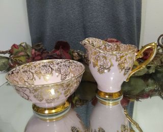 Vtg Royal Standard Fine Bone China England Pink Gold Grapes Sugar Bowl & Creamer 3