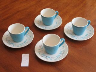 Blue Heaven Royal China Set Of 4 Cups Mugs Saucer Mcm Mid - Century Turqoise White