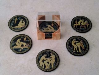 Ceramic Coasters 6x Ancient Greek Satire Scenes With Case,  Mugs,  Valentines Gift