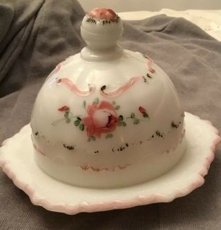 Painted Cosmos Milk Glass Round Covered Lid Butter Dish Rose Flower Pink