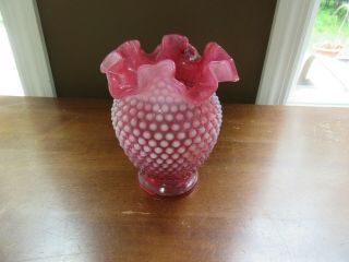 Vintage Fenton Hobnail Opalescent Cranberry 6 " Thin Ruffled Vase